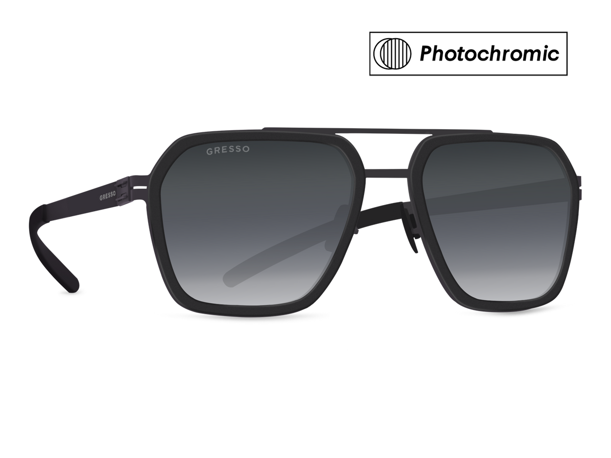 Черные мужские солнцезащитные очки-хамелеоны GRESSO Aragon в стиле авиатор, изготовленные из титана, с фотохромными линзами Zeiss #color_серый монолит / фотохром