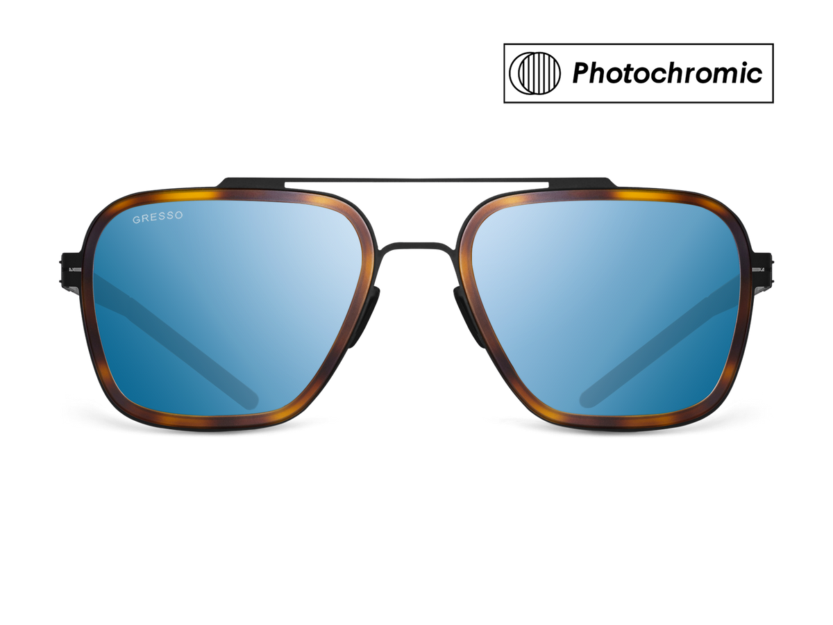 Синие мужские солнцезащитные очки-хамелеоны GRESSO Boston в стиле авиатор, изготовленные из титана, с фотохромными линзами Zeiss #color_синий монолит / фотохром