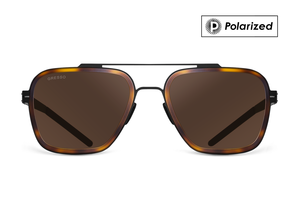 Черные мужские солнцезащитные очки GRESSO Boston в стиле авиатор, изготовленные из титана, с поляризационными линзами Zeiss #color_коричневый монолит / поляризация