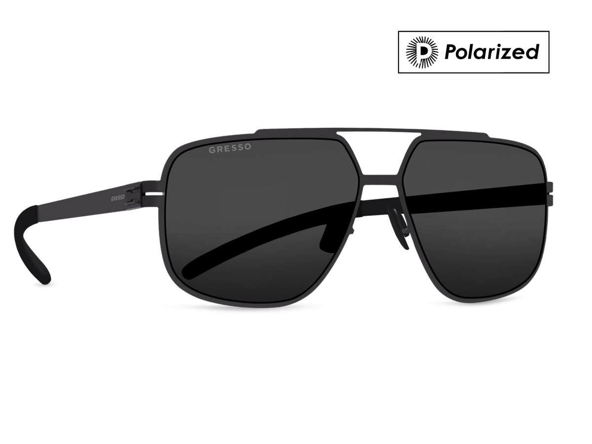 Черные мужские солнцезащитные очки GRESSO Chicago в стиле авиатор, изготовленные из титана, с поляризационными линзами Zeiss #color_серый монолит / поляризация