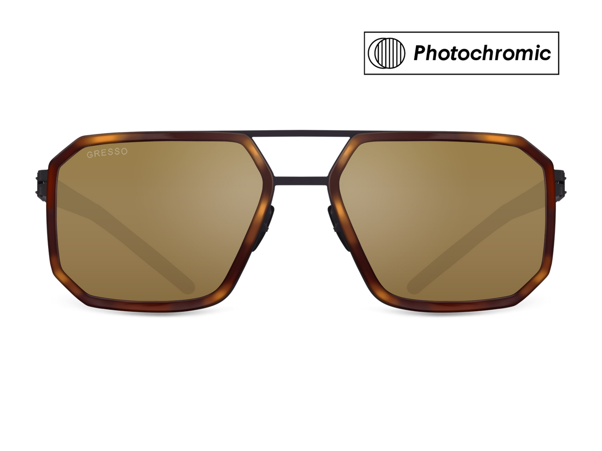 Черные мужские солнцезащитные очки-хамелеоны GRESSO Houston в стиле авиатор, изготовленные из титана, с фотохромными линзами Zeiss #color_коричневый монолит / фотохром