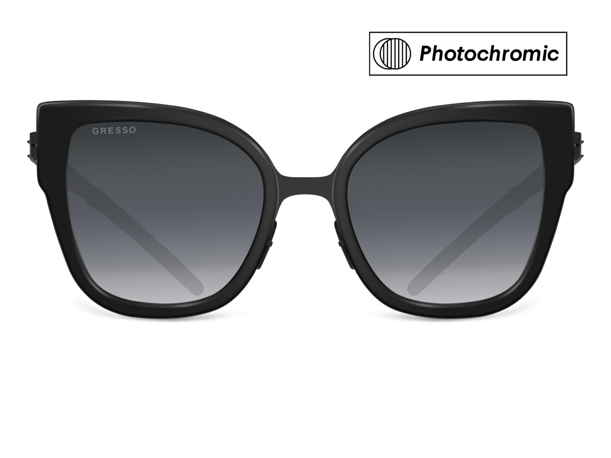 Черные женские солнцезащитные очки GRESSO Malta, бабочка, изготовленные из титана, с поляризационными линзами Zeiss #color_Серый монолит / Фотохром