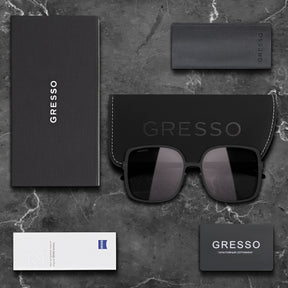 Черные женские солнцезащитные очки GRESSO Ariana, квадратные, изготовленные из титана, с поляризационными линзами Zeiss