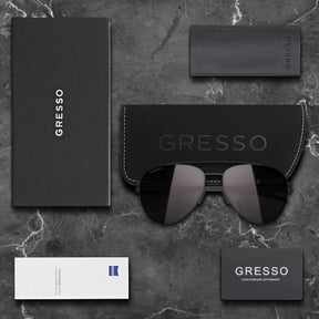 Черные мужские и женские солнцезащитные очки GRESSO California в стиле авиатор, изготовленные из титана, с поляризационными линзами Zeiss