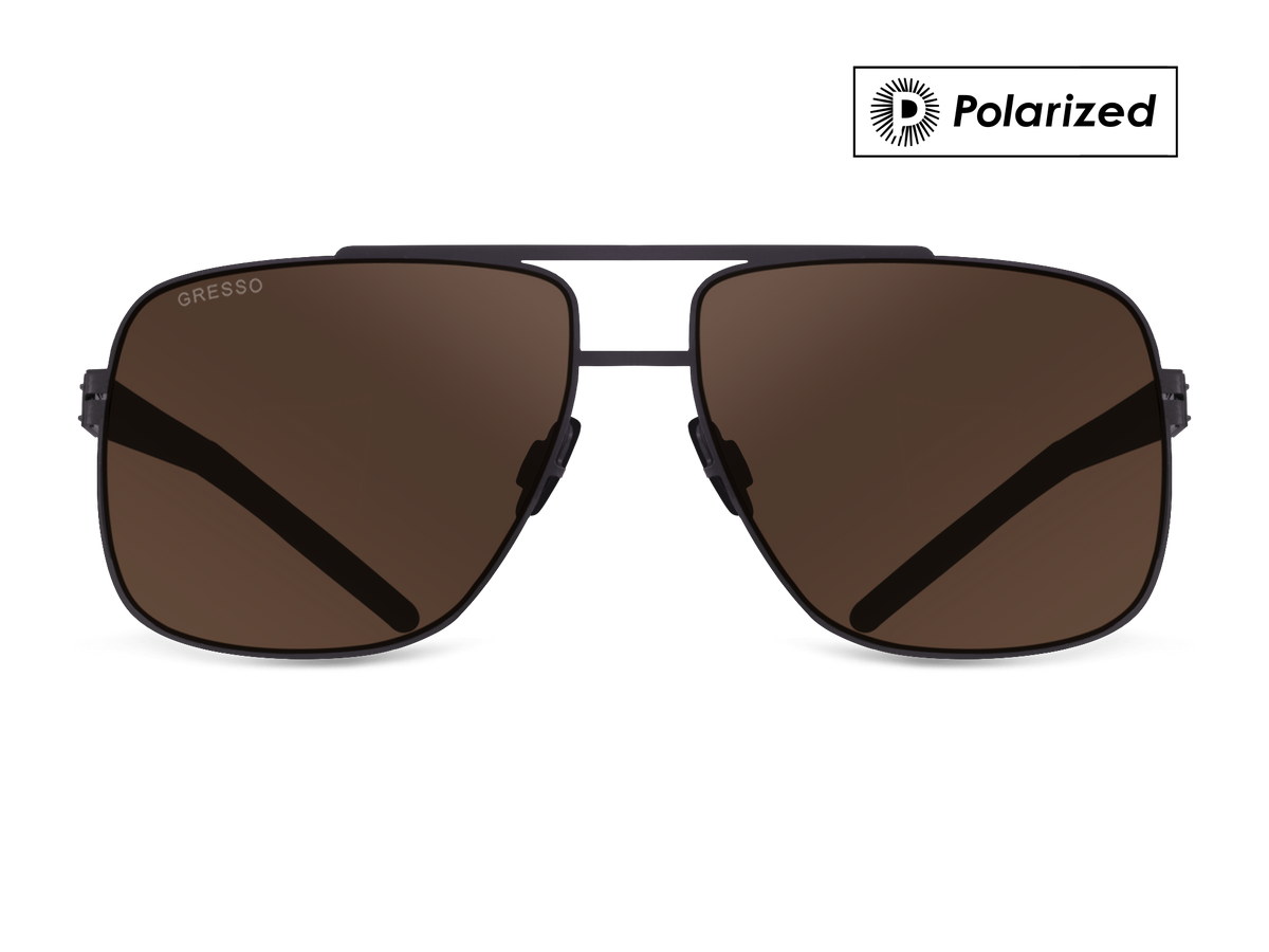 Черные мужские солнцезащитные очки GRESSO Cambridge в стиле авиатор, изготовленные из титана, с поляризационными линзами Zeiss #color_коричневый монолит / поляризация