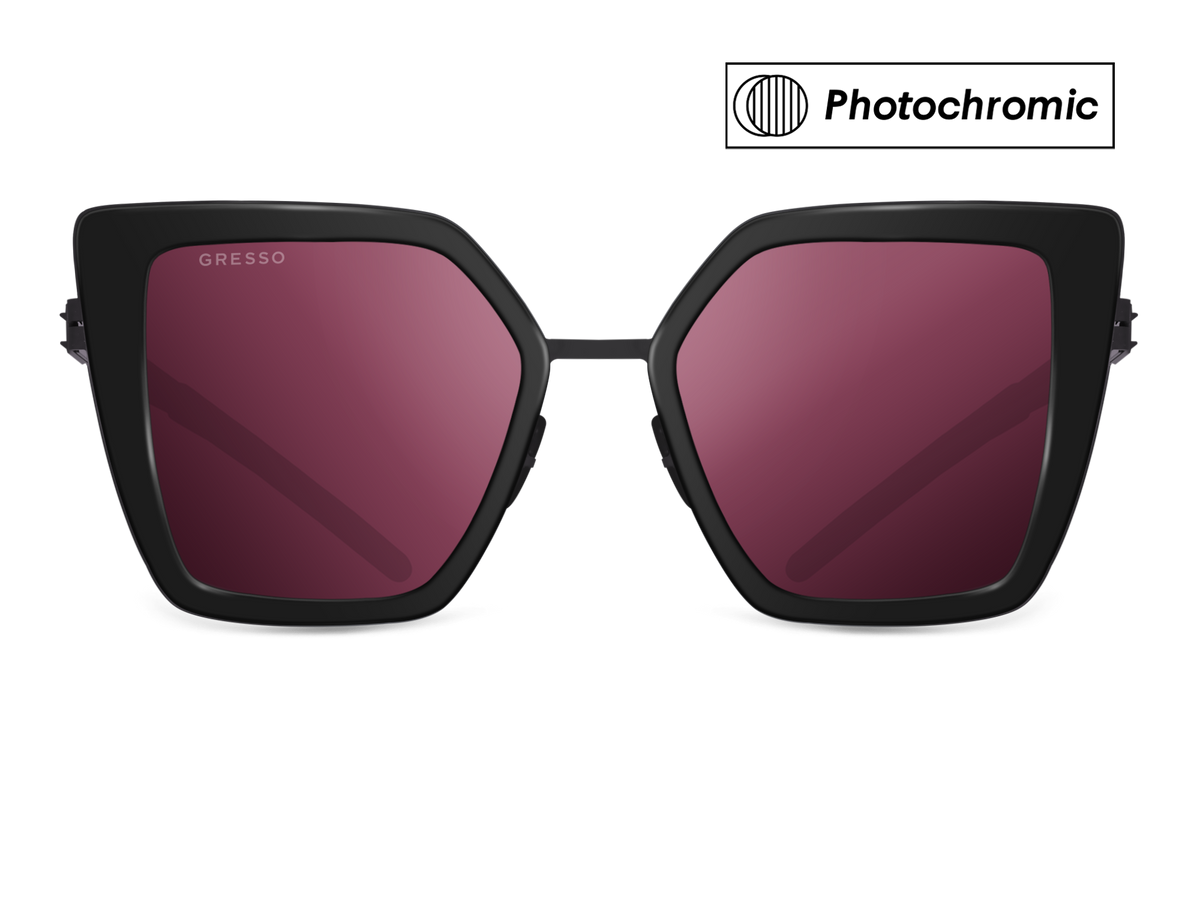 Черные женские солнцезащитные очки GRESSO Del Mar, бабочка, изготовленные из титана, с фотохромными линзами Zeiss #color_Фиолетовый монолит / Фотохром