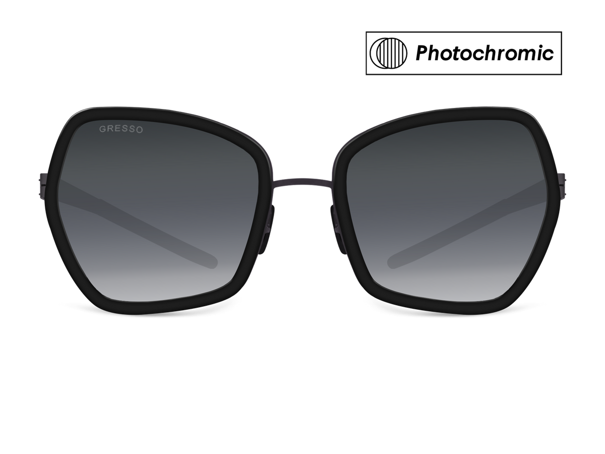 Черные женские солнцезащитные очки-хамелеоны GRESSO Dolores, бабочка, изготовленные из титана, с фотохромными линзами Zeiss #color_серый монолит / фотохром