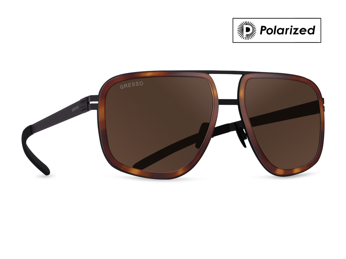 Черные мужские солнцезащитные очки GRESSO Henderson в стиле авиатор, изготовленные из титана, с поляризационными линзами Zeiss #color_коричневый монолит / поляризация