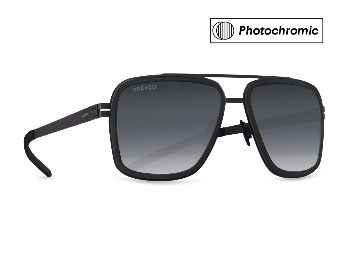 Черные мужские солнцезащитные очки-хамелеоны GRESSO London в стиле авиатор, изготовленные из титана, с фотохромными линзами Zeiss #color_серый монолит / фотохром