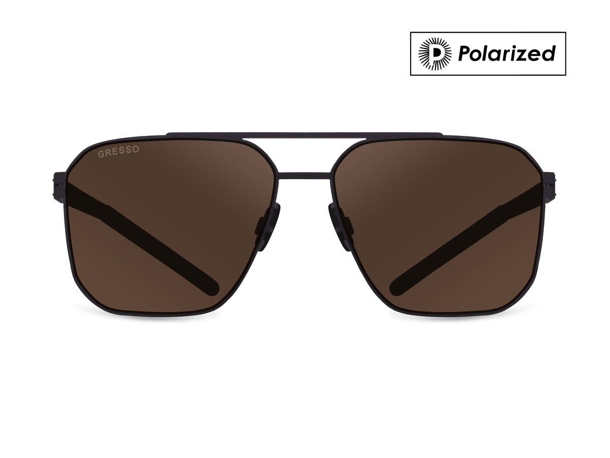 Черные мужские солнцезащитные очки GRESSO Madison в стиле авиатор, изготовленные из титана, с поляризационными линзами Zeiss #color_коричневый монолит / поляризация