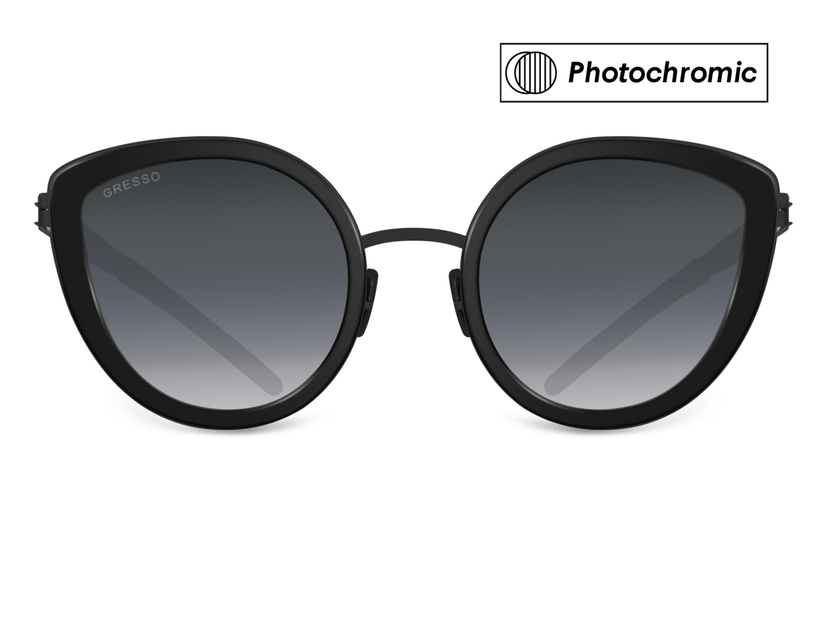 Черные женские солнцезащитные очки GRESSO Marbella, бабочка, изготовленные из титана, с фотохромными линзами Zeiss #color_серый монолит / фотохром